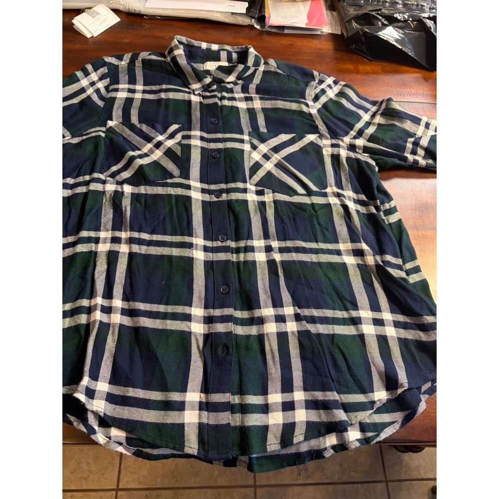 Lucky Brand Navy Green Plaid Button Down Shirt Womens XL Long Sleeve Flannel